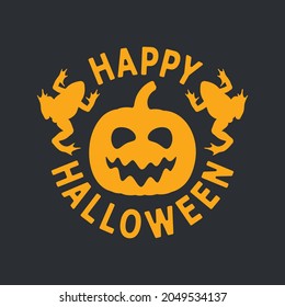 Orange Happy Halloween emblem with pumpkin and toads on a black background. Isolated vector objects.