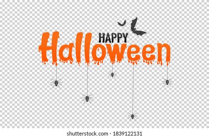 Orange Happy Halloween Text Banner With Bats Flying, Spider, Spider Web,  Isolated On Png Or Transparent     Background, Font Design , Sale Template ,website, Poster,  Vector  Illustration 