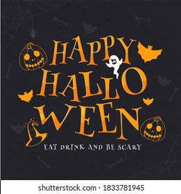 Orange Happy Halloween Text with Cartoon Ghost, Bats Witch Hat and Jack-O-Lanterns on Black Grunge Background.