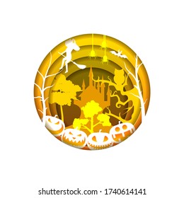 Orange Happy Halloween Tree Horror Scary Holiday Design Elements Spooky Paper Cut Vector