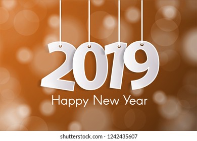 Orange Happy New Year 2019 greeting card concept with paper cuted white numbers on ropes on blurred background. Vector illustration