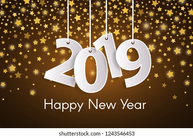 Orange Happy New Year 2019 greeting card concept with paper cuted white numbers on golden star fall background. Vector illustration