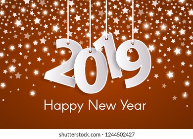 Orange Happy New Year 2019 greeting card concept with paper cuted white numbers on silver star fall background. Vector illustration