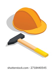 Orange Hard Hat and Hammer on White Background Keywords: construction, safety, helmet, hardhat