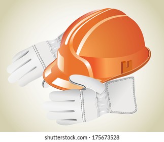 Orange hard hat on the gloves
