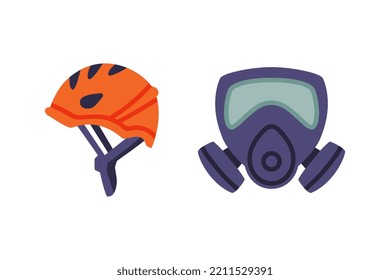 Sombrero duro naranja o casco protector y máscara respiratoria como conjunto de vectores de equipos de seguridad y rescate