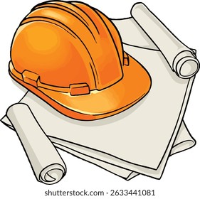 An orange hard hat resting on rolled-up blueprints and architectural plans, symbolizing construction, engineering, and safety in building projects. Ideal for designs related to contractors.