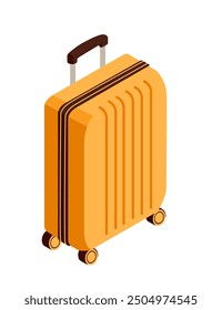 Orange hard-shell suitcase with wheels. Isometric style luggage. Vector illustration isolated on white background