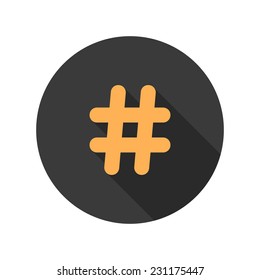 orange hashtag icon in circle with long shadow. concept of number sign and social media. isolated on white background. trendy modern vector illustration