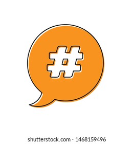 Orange Hashtag speech bubble icon isolated on white background. Concept of number sign, social media marketing, micro blogging.  Vector Illustration