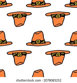 Orange hat PATTERN seamless pattern of pilgrim hat, with yellow buckle.side view printed in doodle style for autumn thanksgiving holiday, isolated element on white background for design template