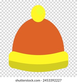 Sombrero naranja con un bubo amarillo, tocado cálido, invierno, ropa para niños, diseño plano, Imagen simple, estilo de dibujos animados. Concepto de atención médica. Icono de línea de Vector para negocios y publicidad