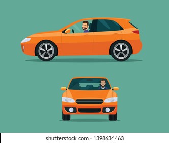 Orange Hatchback Car Two Angle Set. Car With Driver Man Side View
 And Front View. Vector Flat Style Illustration