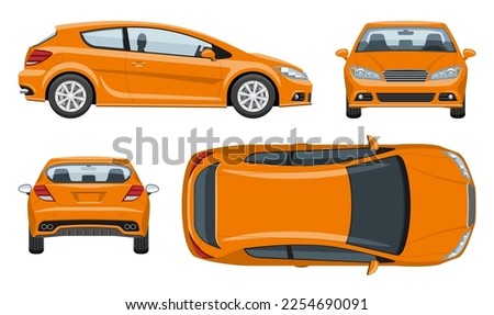 Orange hatchback car vector template with simple colors without gradients and effects. View from side, front, back, and top