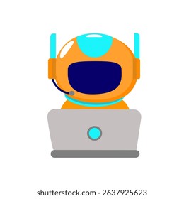 Orange head AI chatbot robot working on laptop