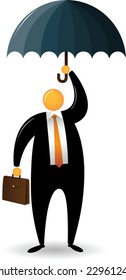 Orange Head with black suit bring briefcase and an umbrella