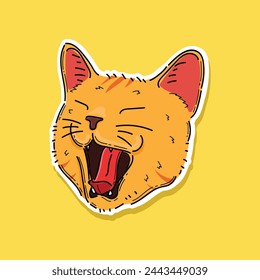 orange head cat yawning, cat sticker vector illustration design isolated in yellow background