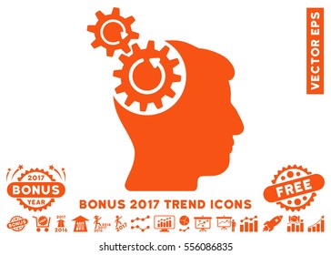 Orange Head Cogs Rotation icon with bonus 2017 trend pictures. Vector illustration style is flat iconic symbols, white background.