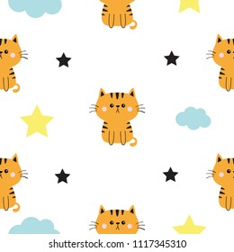 Orange at head, hands. Cloud, star shape. Cute cartoon kawaii character. Baby pet collection. Seamless Pattern Wrapping paper, textile template. White background. Flat design. Vector illustration