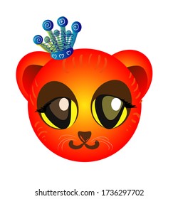 The orange head of a lion with a crown.
