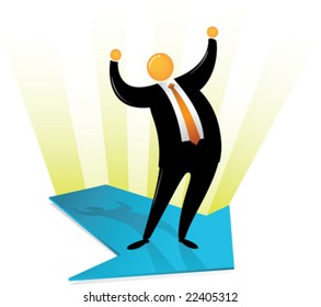 Orange Head Man with black suit, standing on arrow and rising his hand