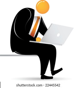Orange Head Man with black suit sitting with laptop