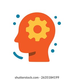 An orange head silhouette with a yellow gear inside surrounded by blue dots and a curved line