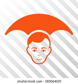 Orange Head Umbrella interface pictogram. Vector pictogram style is a flat symbol on diagonally hatched transparent background.