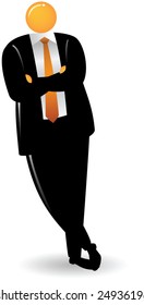 Orange Head wearing black suit leaning on something