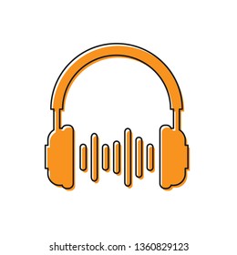 Orange Headphone and sound waves icon on white background. Earphone sign. Concept object for listening to music, service, communication and operator. Vector Illustration