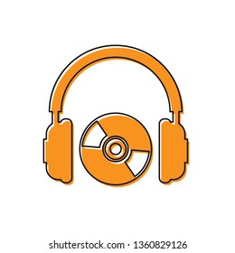 Orange Headphones and CD or DVD icon isolated on white background. Earphone sign. Compact disk symbol. Vector Illustration