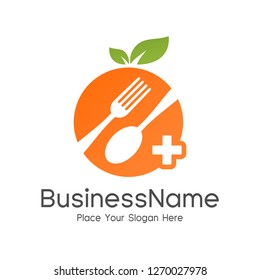 Orange Health Food creative symbol layout. Nutrition and Diet logo design idea. Fruit and vegetable vector sign concept. Abstract shape with human spoon and fork figure in negative space and cross