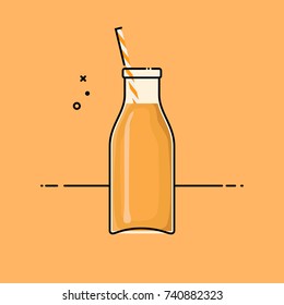 Orange healthy smoothie in a glass hipster bottle. Flat vector illustration. 