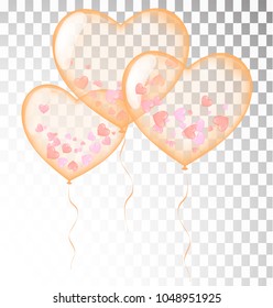 Orange heart balloons transparent banner template, background. vector illustration