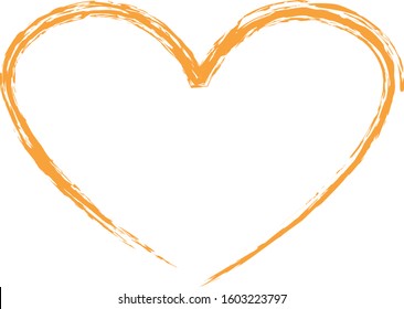 Orange Heart Contour Vector. Hand Drawn Love Icon Isolated. Paint Brush Stroke Heart Icon. Hand Drawn Vector For Love Logo, Romance Icon, Passion Symbol And Valentine's Day.Painted Brush Stroke Vector