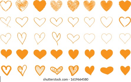Orange heart contour vector. Hand drawn love icon isolated. Paint brush stroke heart icon. Hand drawn vector for love logo, heart symbol, doodle icon and Valentine's day. Painted grunge vector shape