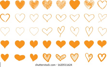 Orange heart contour vector. Hand drawn love icon isolated. Paint brush stroke heart icon. Hand drawn vector for love logo, heart symbol, doodle icon and Valentine's day. Painted grunge vector shape