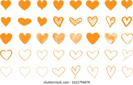 Vector de contorno cardiaco anaranjado. Icono de amor dibujado a mano aislado. Icono de corazón de pincel de pincel. Logo dibujado a mano para el amor, símbolo del corazón, icono del doodle y Día de San Valentín. Forma vectorial de grunge pintada