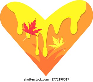 Orange heart covered with bright yellow paint and multi-colored maple leaves. Concept of autumn and golden season logo for design object on a white background