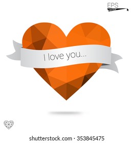 Orange heart isolated on white background. Geometric rumpled triangular low poly origami style gradient graphic illustration. Vector polygonal design for your business.