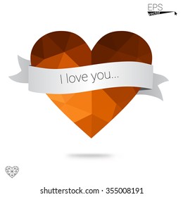 Orange heart isolated on white background. Geometric rumpled triangular low poly origami style gradient graphic illustration. Vector polygonal design for your business.