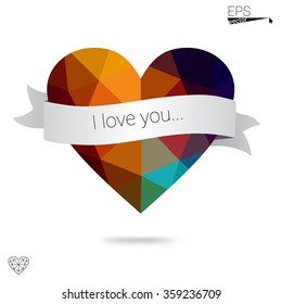 Orange heart isolated on white background. Geometric rumpled triangular low poly origami style gradient graphic illustration. Vector polygonal design for your business.