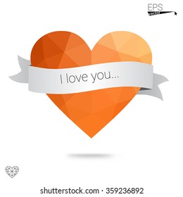 Orange heart isolated on white background. Geometric rumpled triangular low poly origami style gradient graphic illustration. Vector polygonal design for your business.