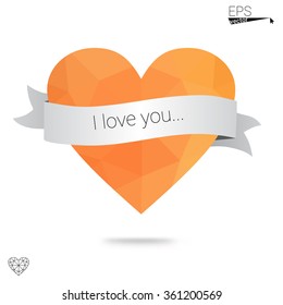 Orange heart isolated on white background. Geometric rumpled triangular low poly origami style gradient graphic illustration. Vector polygonal design for your business.