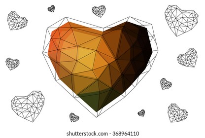 Orange heart isolated on white background. Geometric rumpled triangular low poly origami style gradient graphic illustration. Vector polygonal design for your business.