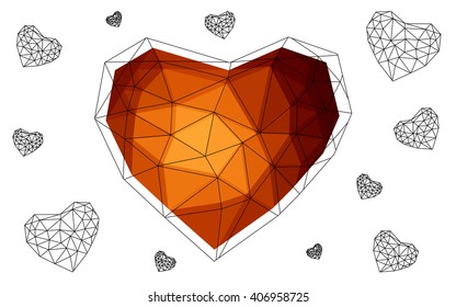 Orange heart isolated on white background. Geometric rumpled triangular low poly origami style gradient graphic illustration. Vector polygonal design for your business.