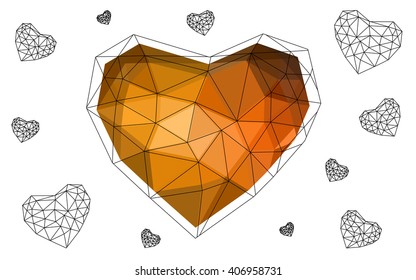 Orange heart isolated on white background. Geometric rumpled triangular low poly origami style gradient graphic illustration. Vector polygonal design for your business.