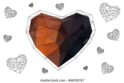Orange heart isolated on white background. Geometric rumpled triangular low poly origami style gradient graphic illustration. Vector polygonal design for your business.