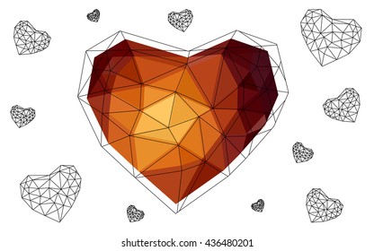 Orange heart isolated on white background. Geometric rumpled triangular low poly origami style gradient graphic illustration. Vector polygonal design for your business.