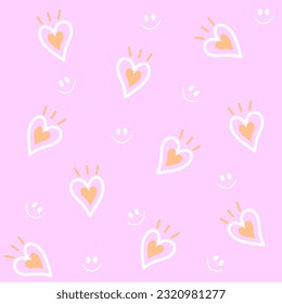 Ilustración de patrones sin fisuras en el corazón naranja con sonrientes divertidos en el fondo rosado, textura de fondo del día de San Valentín.